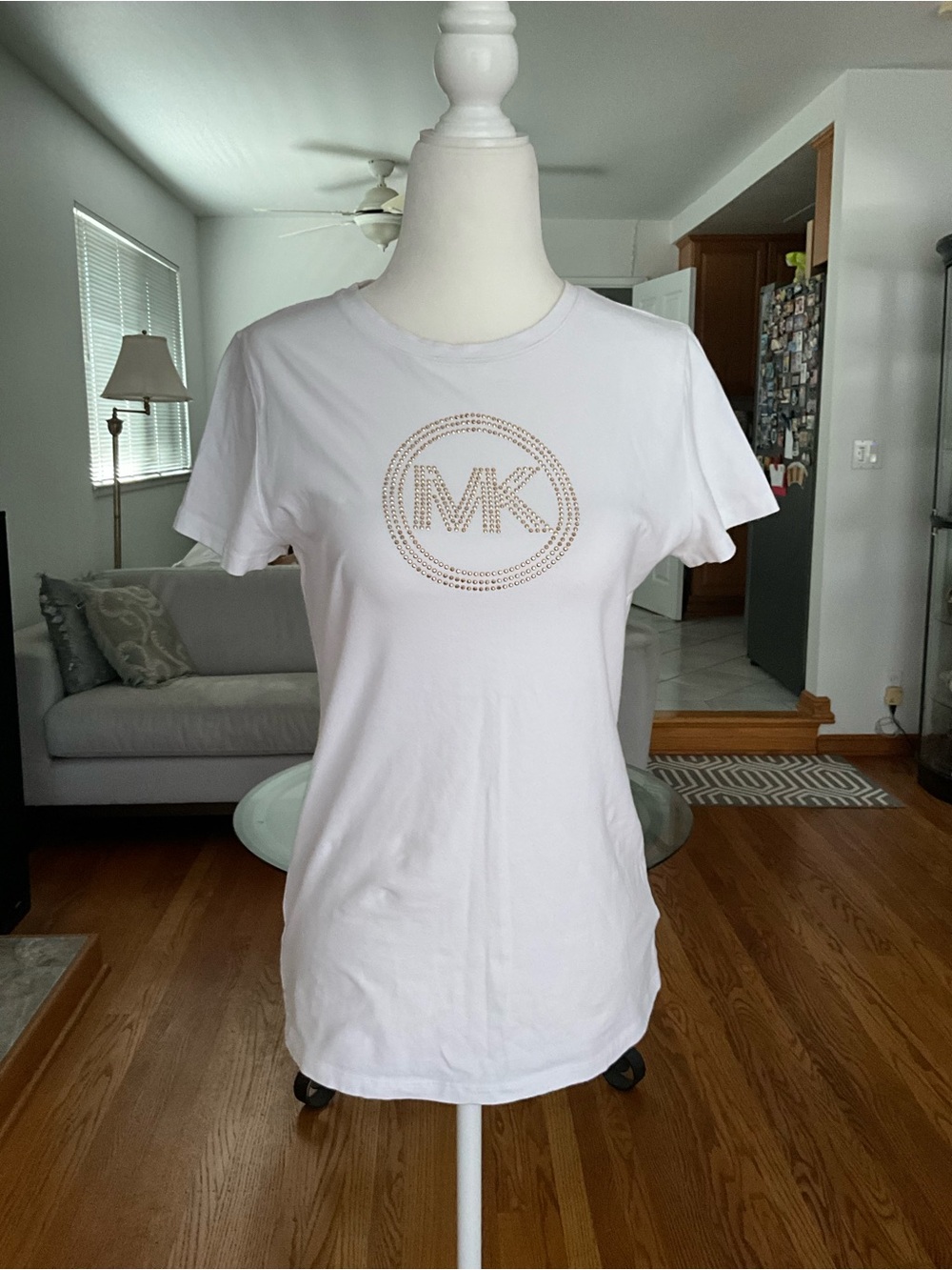 Michael Kors White Cotton Short Sleeve Tee with Gold MK Logo